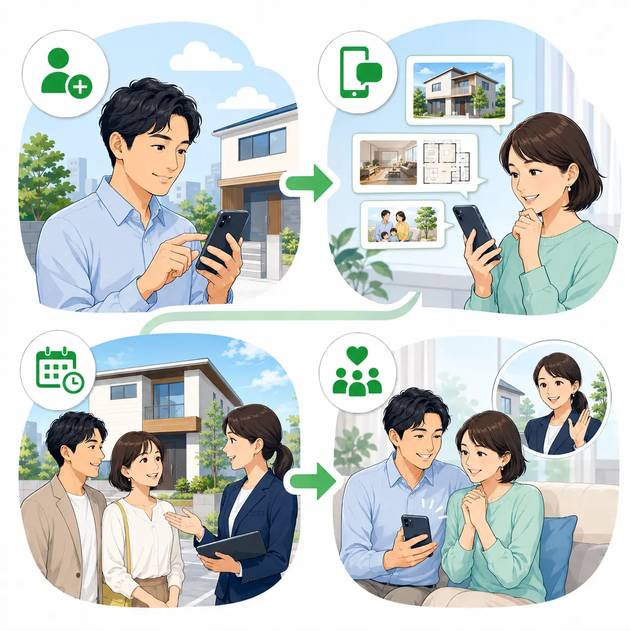 友だち追加、情報提供、来店予約、再相談をつなぐ顧客体験のイラスト