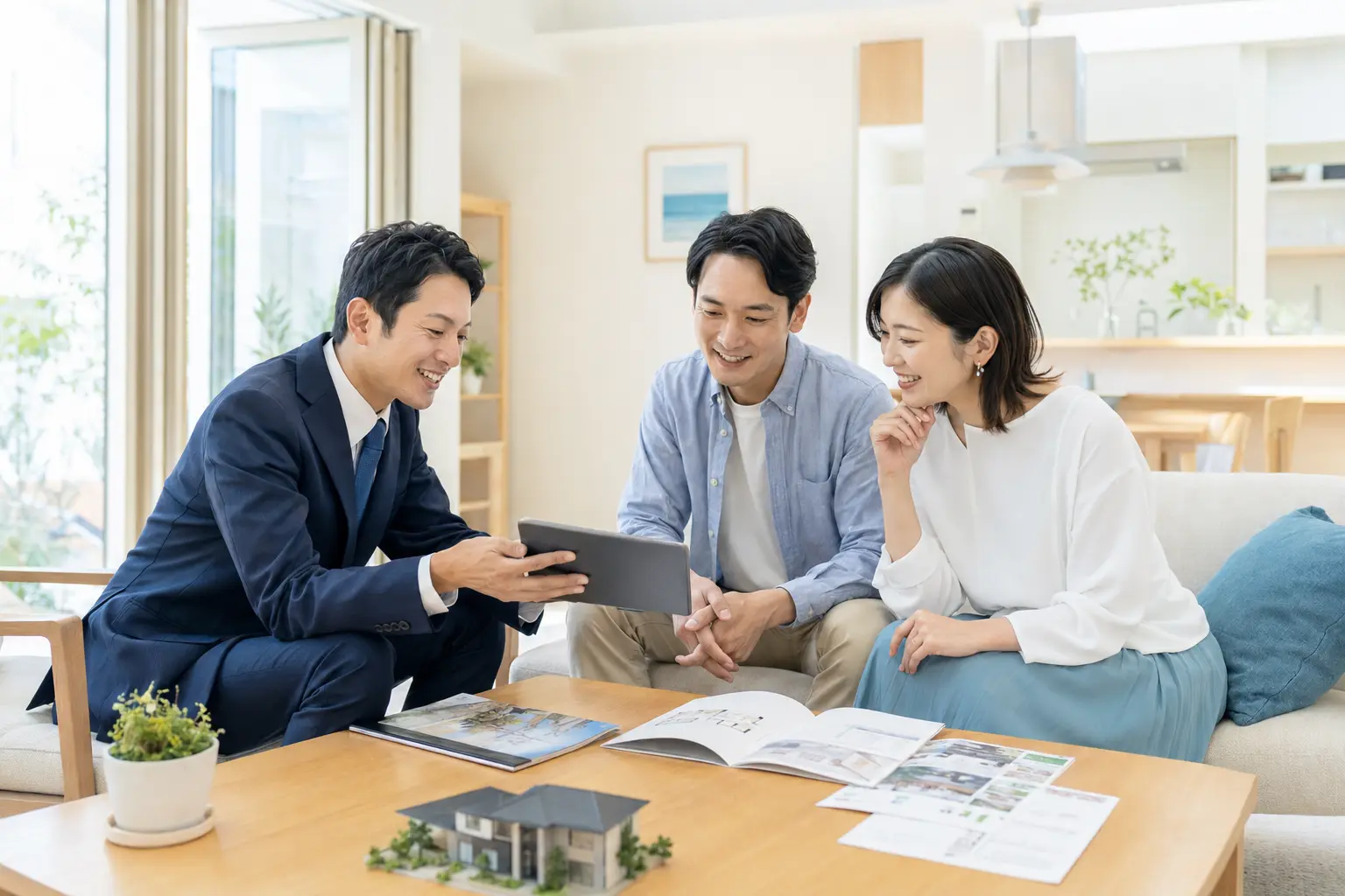 日本の住宅相談スペースで営業担当者と相談する30代のご夫婦