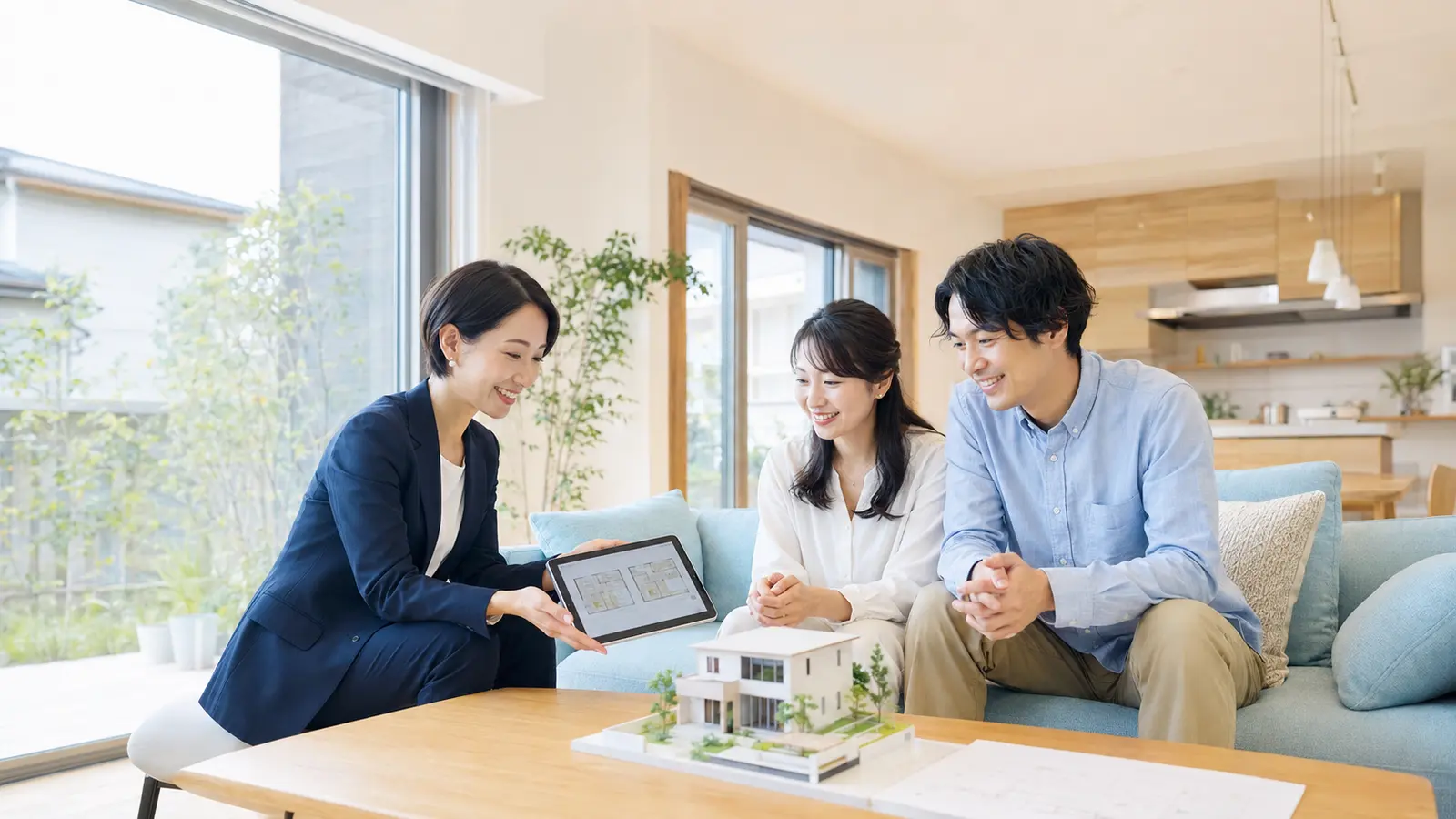 日本のモデルハウスで営業担当者と相談する30代のご夫婦