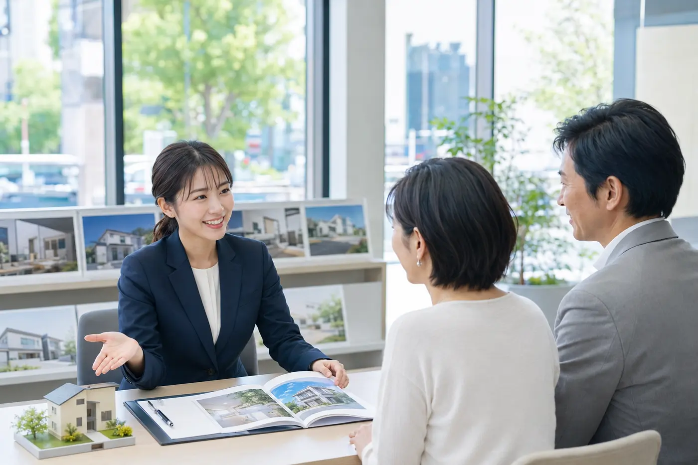 日本の不動産仲介店舗で相談する40代のご夫婦